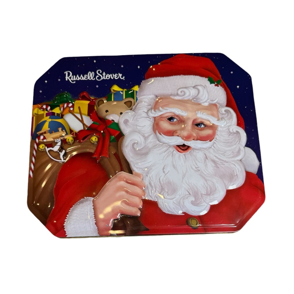 Russell Stover Santa with Toy Bag Tin Empty With Chocolate Insert 10”x 8.25”